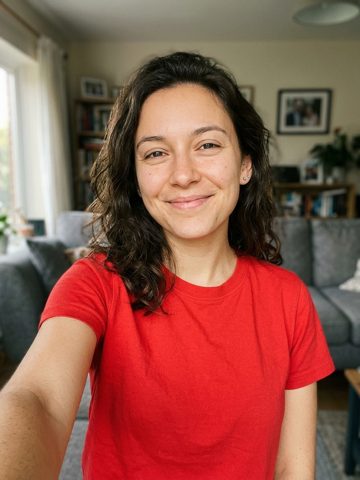 Input portrait of a person wearing a red shirt.
